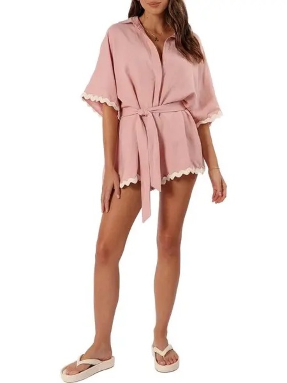 Petal & Pup Blush Pink Linen Blend Short Romper with Playful Scallop Trim